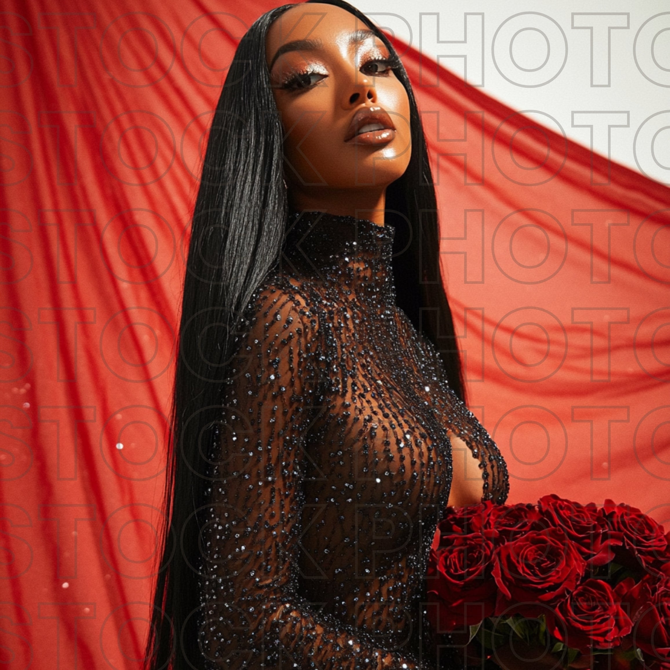 Valentine's Red Draped Editorial Stock Photo Long Middle Part