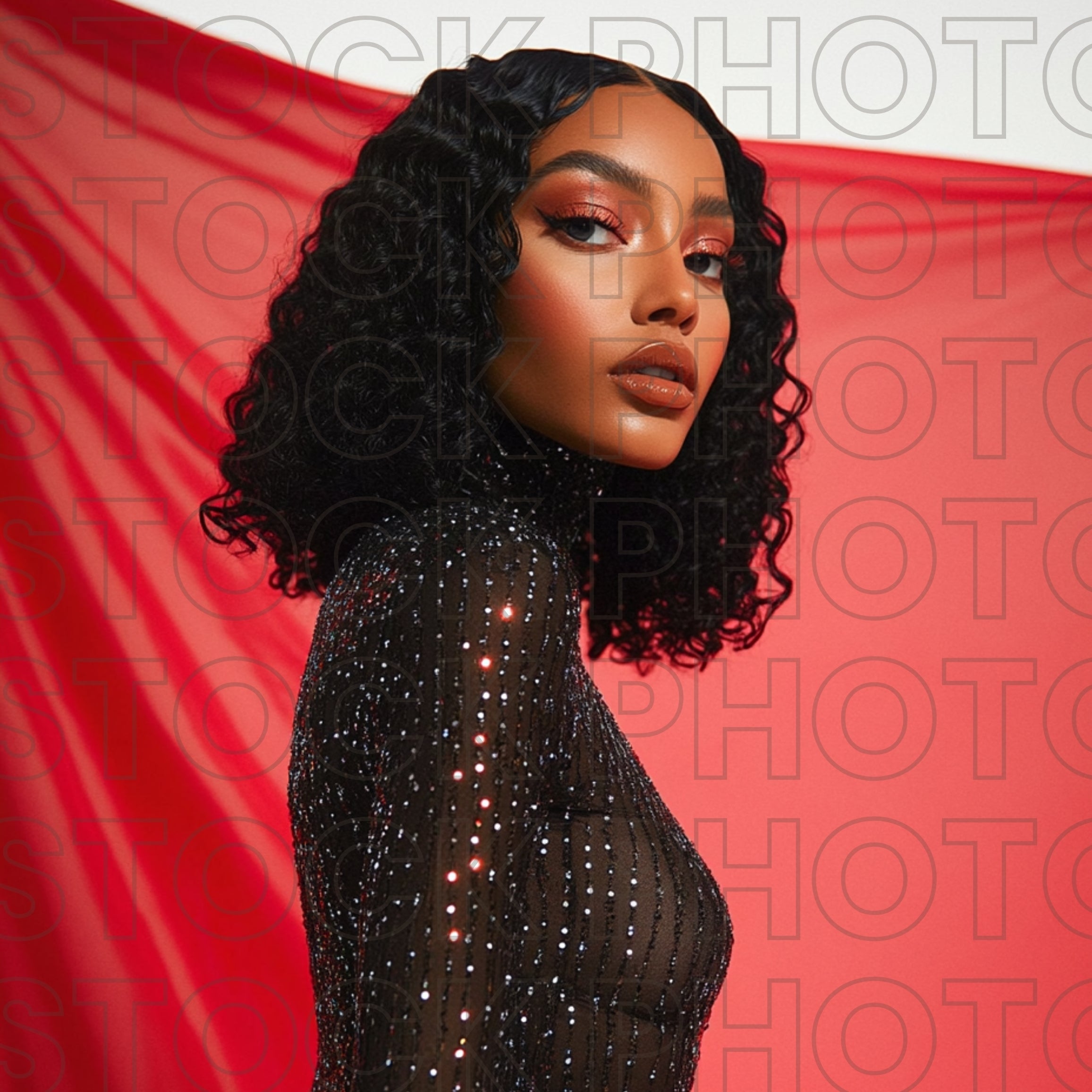 Valentine's Red Draped Editorial Stock Photo Short Curly Bob