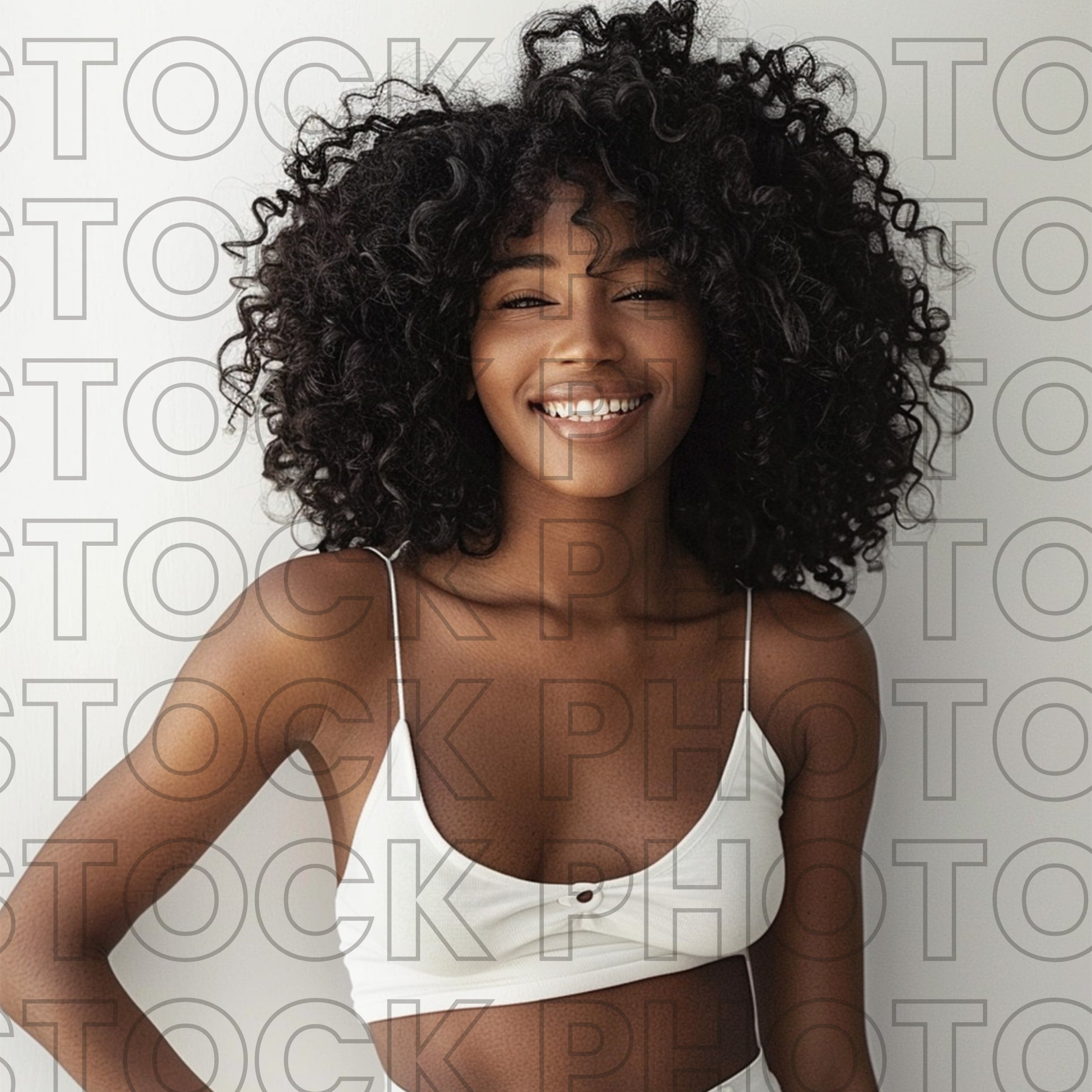 Melanin Beauty Stock Photo Voluminous Curly Hair Afro with Bangs Medium