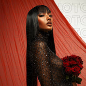 Valentine's Red Draped Editorial Stock Photo Straight Hair Bang